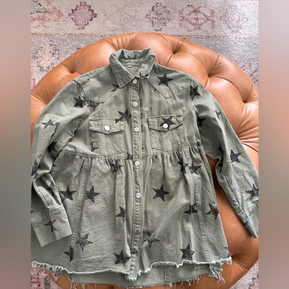 Hunter green denim jacket with star detail